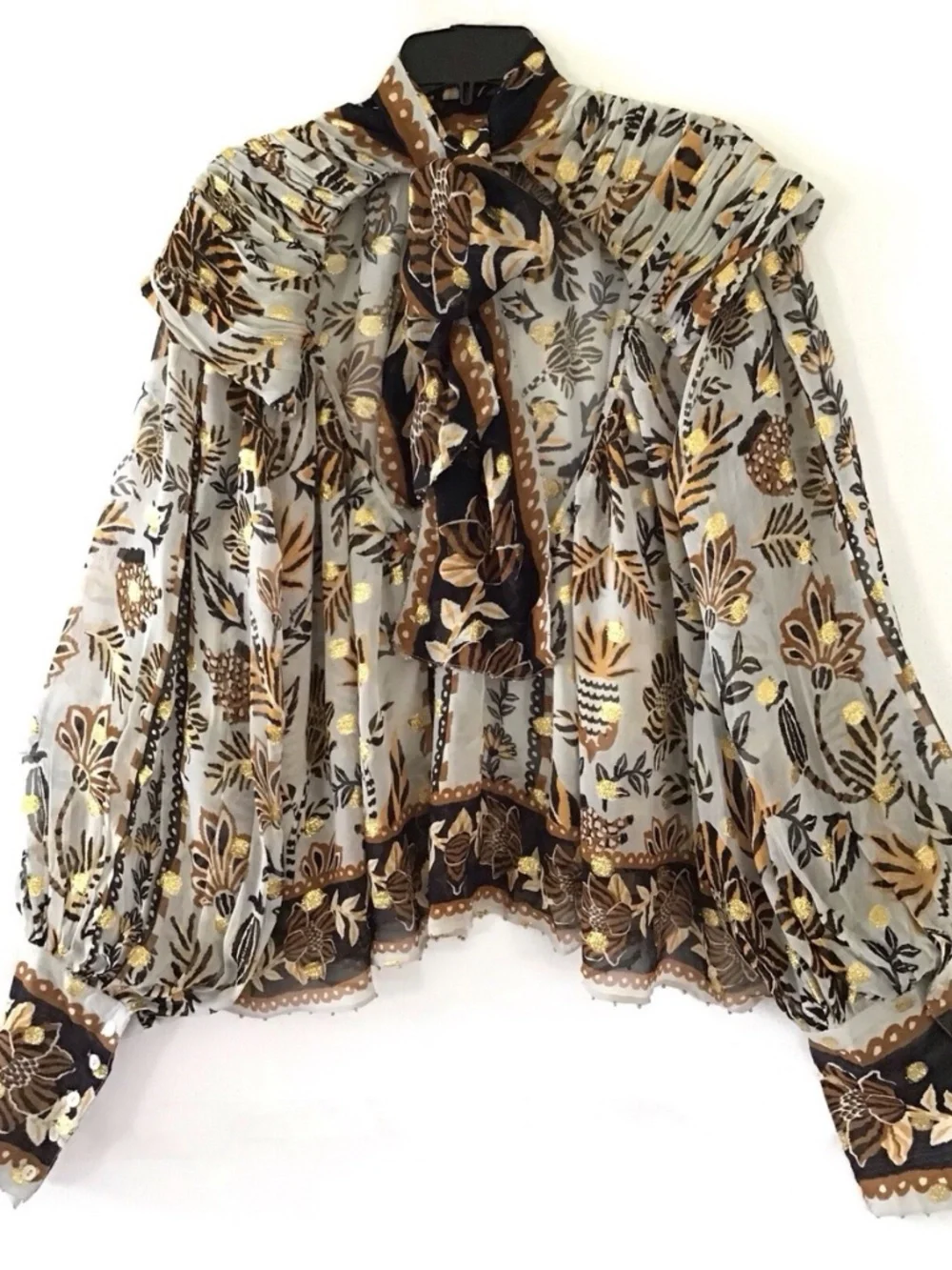 FARM Rio Metallic Floral Beehive Tapestry Blouse S NWT